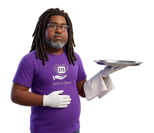 ETS Steward mascot holding a service tray